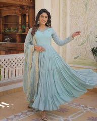 Gorgeou Sky Blue Pure Georgette Embroidery Work Anarkali Suit With Dupatta