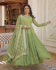 Gorgeou Green Pure Georgette Embroidery Work Gown With Dupatta