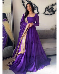 Gorgeou Purple Pure Georgette Embroidery Work Gown With Dupatta