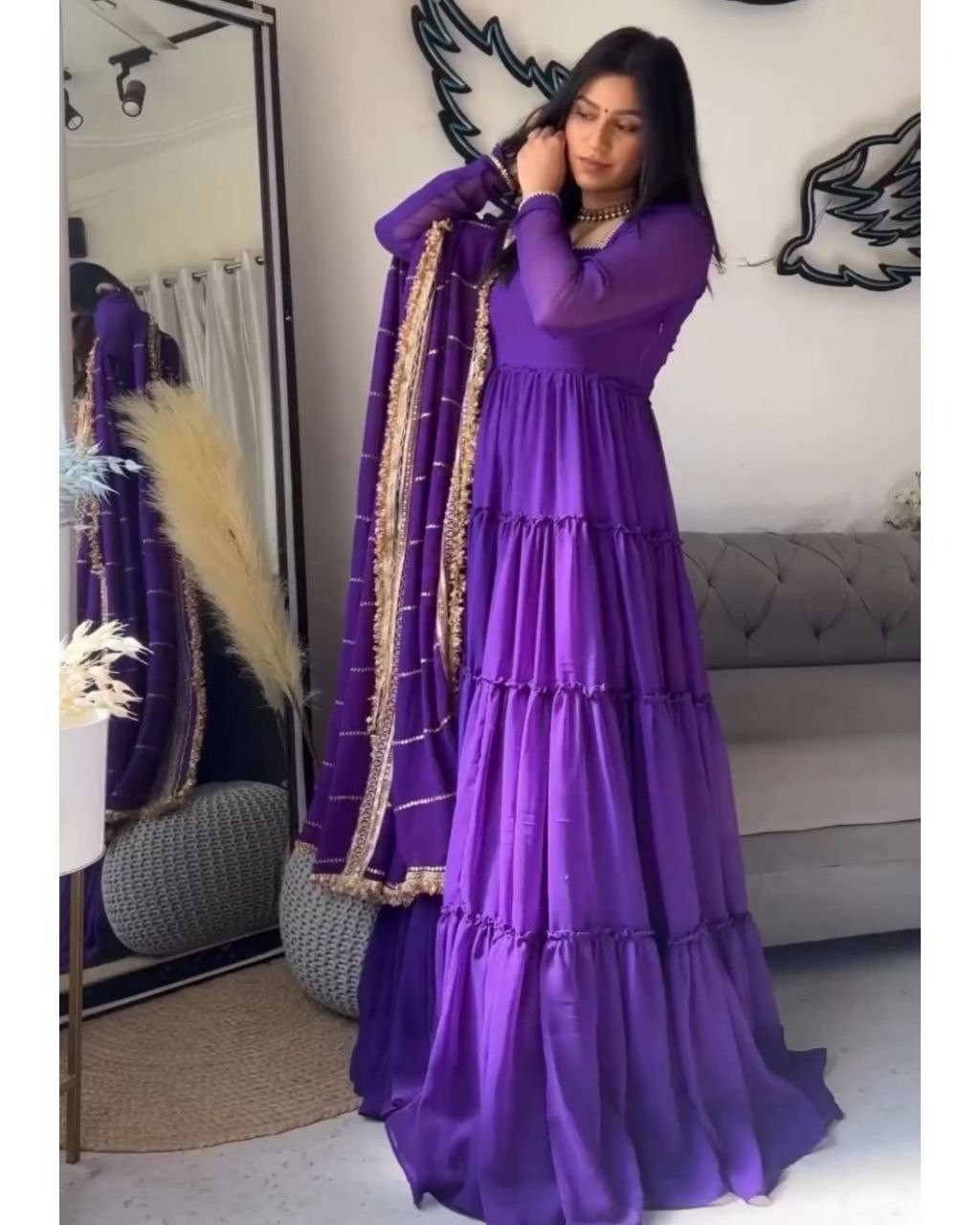 Gorgeou Purple Pure Georgette Embroidery Work Gown With Dupatta