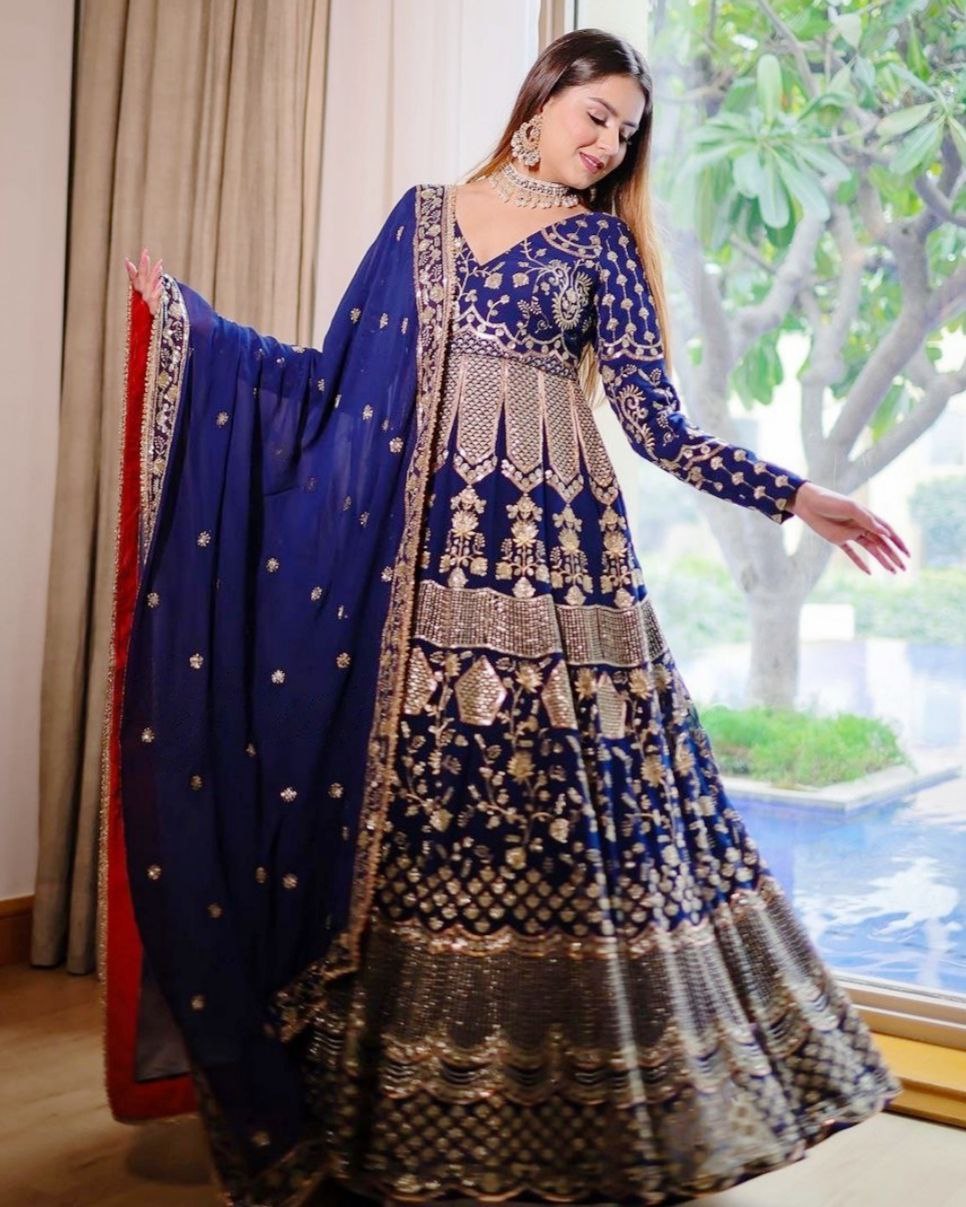 Gorgeous Blue Pure Georgette Embroidery Work Gown With Dupatta