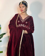 Gorgeous Maroon Micro Velvet Embroidery Work Gown Bottom With Dupatta