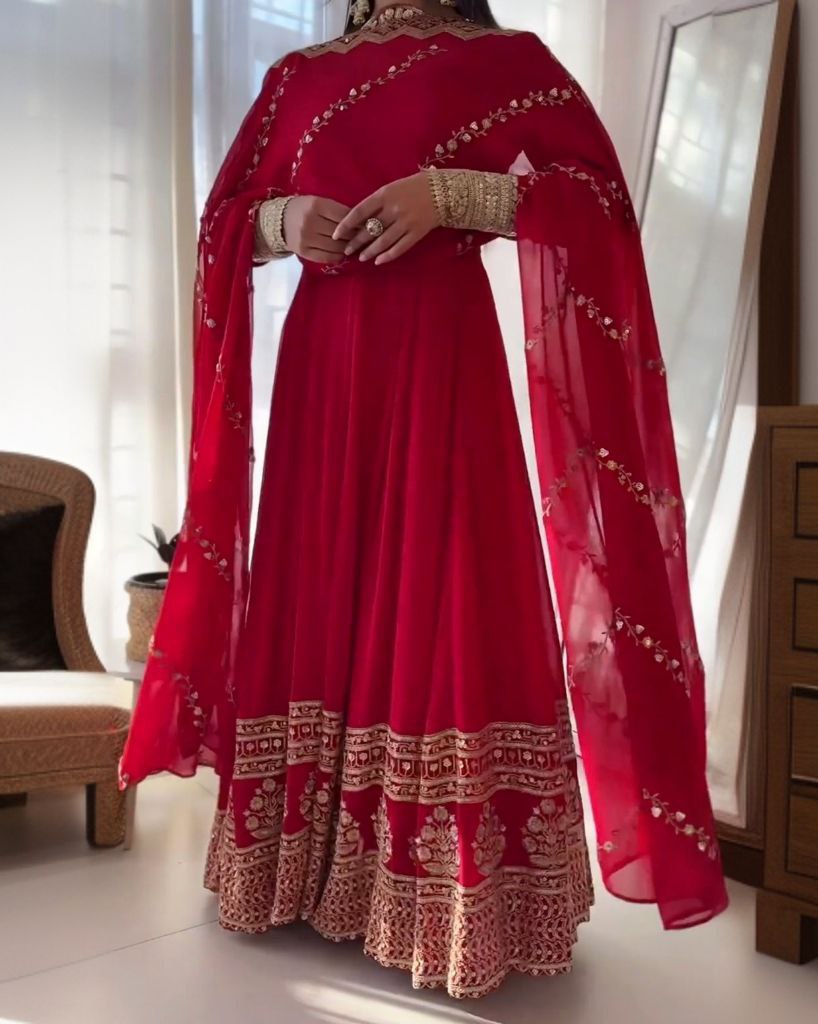 Gorgeous Rani Pure Georgette Embroidery Work Gown With Dupatta