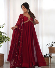 Gorgeous Maroon Pure Georgette Embroidery Work Gown With Dupatta