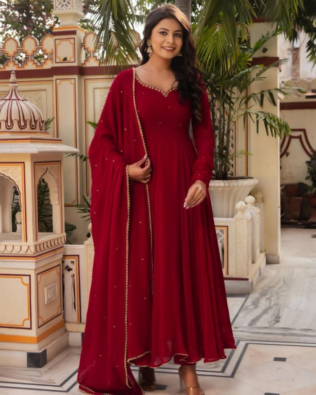 Gorgeous Red Pure Georgette Embroidery Work Gown With Dupatta