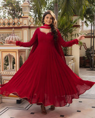 Gorgeous Red Pure Georgette Embroidery Work Gown With Dupatta