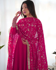 Gorgeous Pink Faux Georgette Emrboidery Work Anarkali Gown With Dupatta