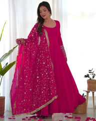 Gorgeous Pink Faux Georgette Emrboidery Work Anarkali Gown With Dupatta