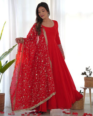 Gorgeous Red Orange Faux Georgette Emrboidery Work Anarkali Gown With Dupatta