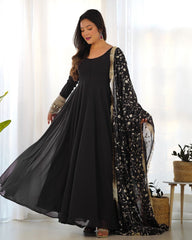 Gorgeous Black Faux Georgette Emrboidery Work Anarkali Gown With Dupatta