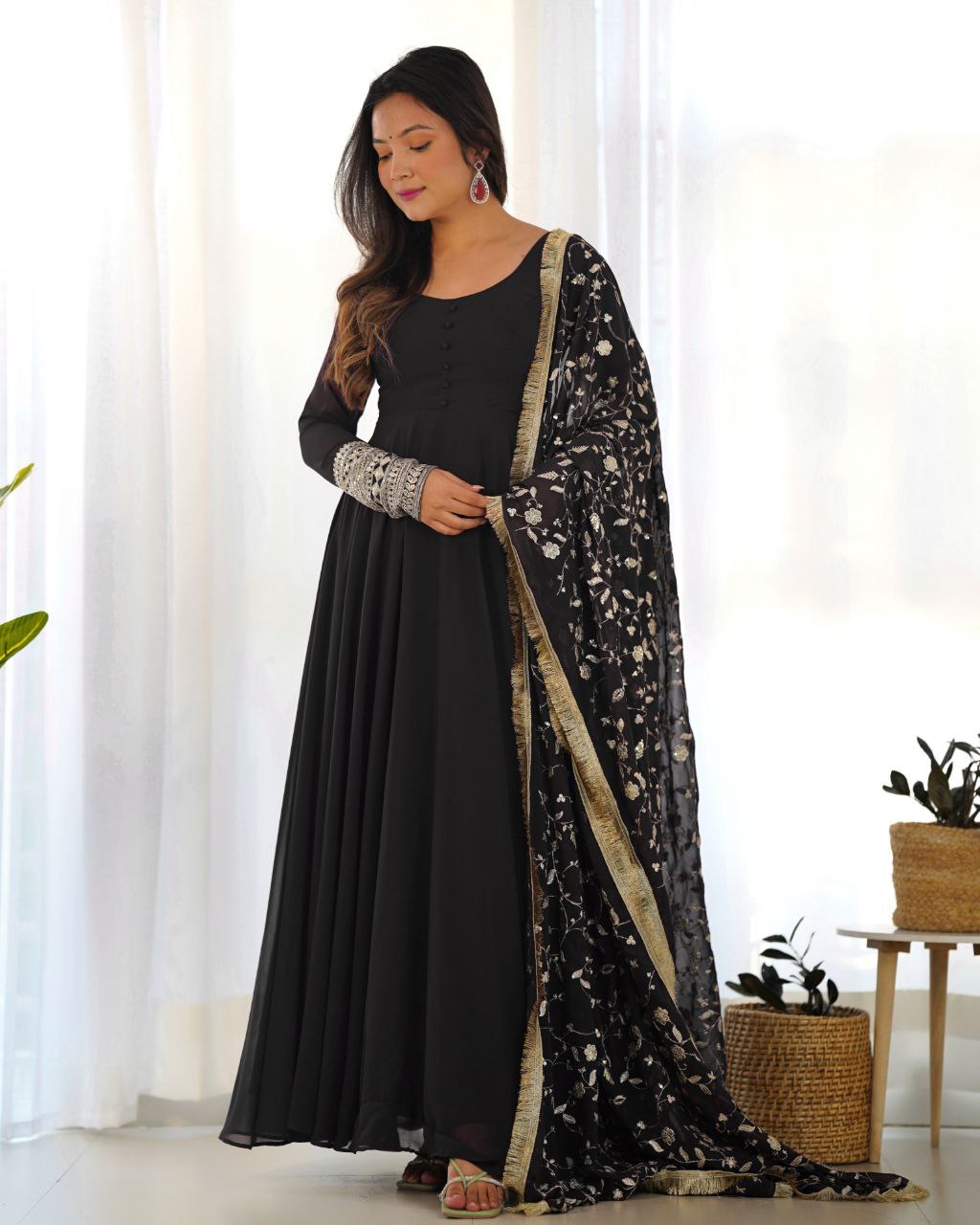 Gorgeous Black Faux Georgette Emrboidery Work Anarkali Gown With Dupatta