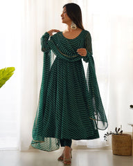Gorgeous Bottal Green Pure Georgette Leheriya Print Anarkali Gown With Dupatta