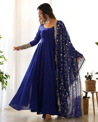 Gorgeous Blue Faux Georgette Emrboidery Work Anarkali Gown With Dupatta