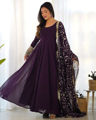 Gorgeous Purple Faux Georgette Emrboidery Work Anarkali Gown With Dupatta