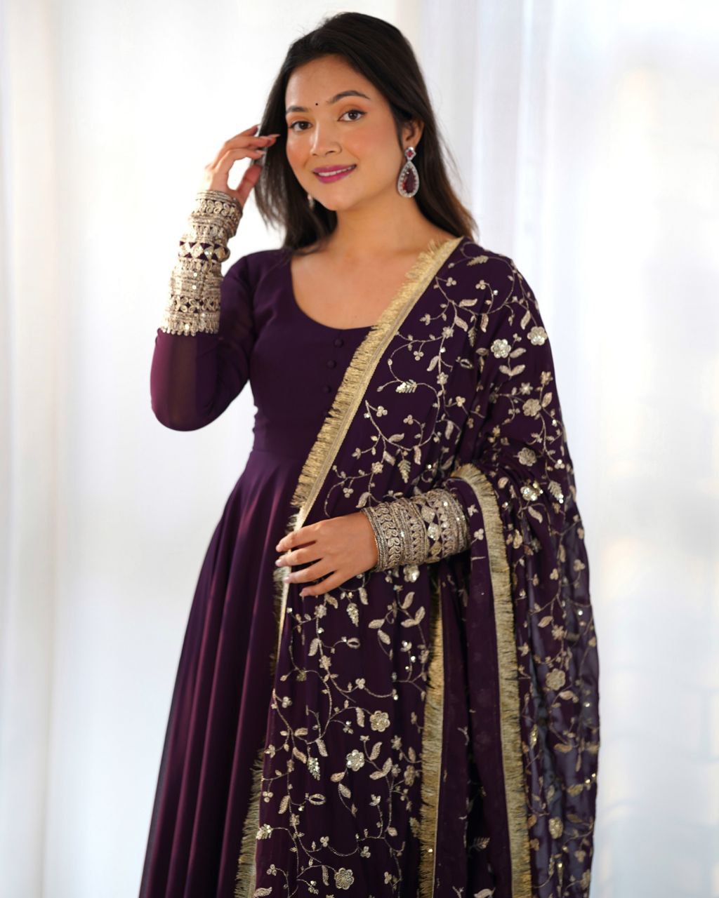 Gorgeous Purple Faux Georgette Emrboidery Work Anarkali Gown With Dupatta