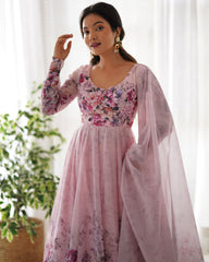 Gorgeous Pink Organza Silk Floral Prinkt Anarkali Gown With Dupatta