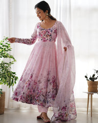 Gorgeous Pink Organza Silk Floral Prinkt Anarkali Gown With Dupatta