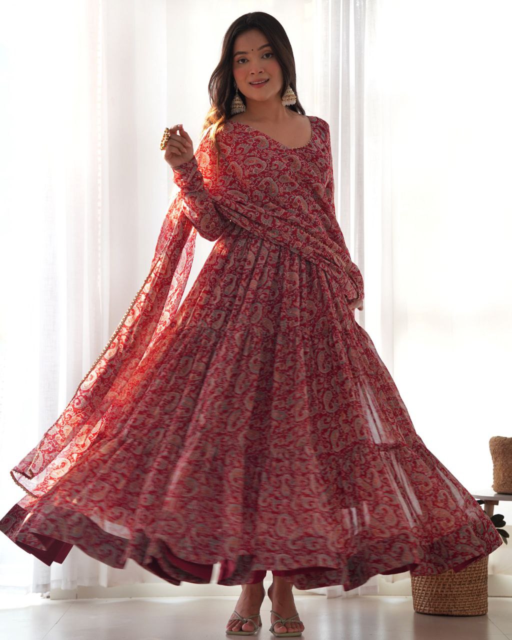 Gorgeous Miut Pink Fox Georgette Kalamkari Print Anarkali Gown With Dupatta