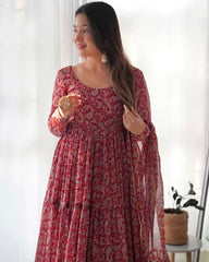Gorgeous Miut Pink Fox Georgette Kalamkari Print Anarkali Gown With Dupatta