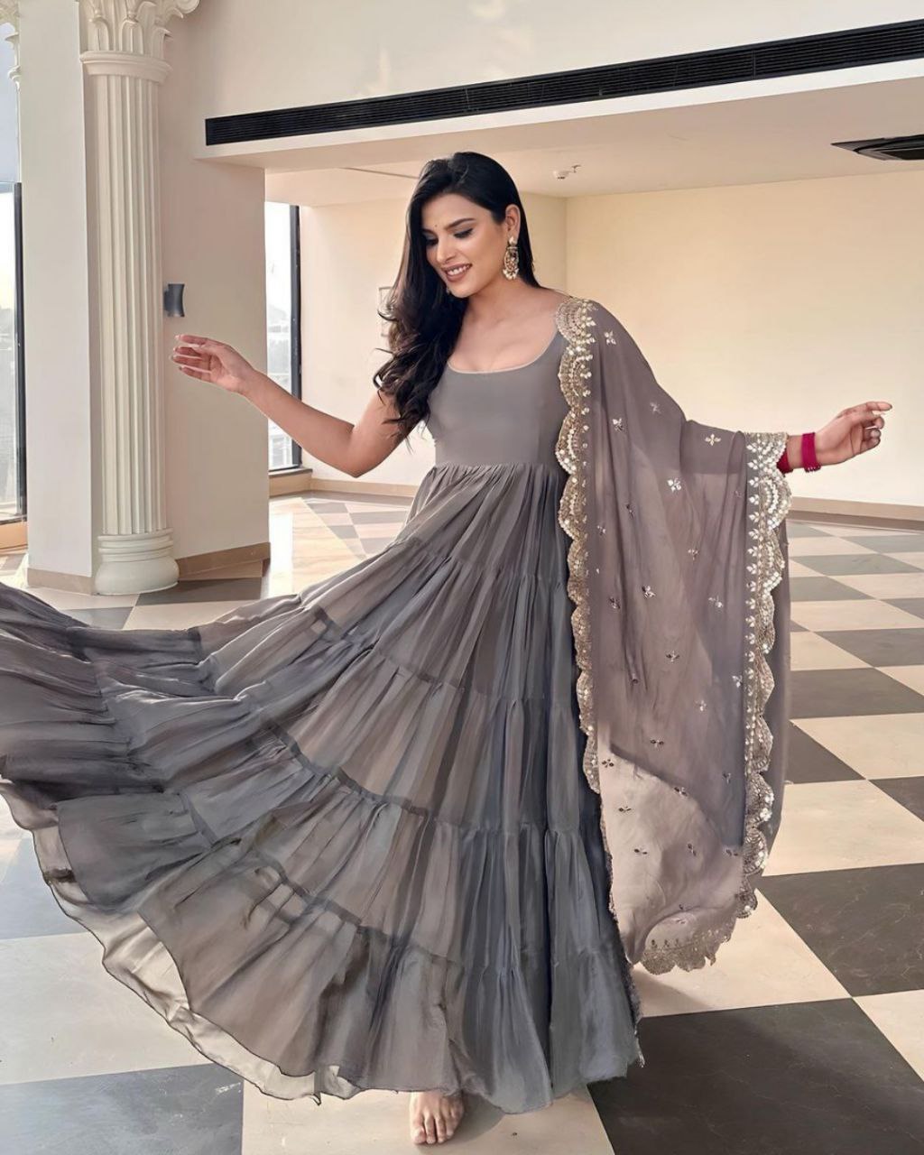 Gorgeous Gray Faux Georgette Embroidery Work Gown Whit Dupatta