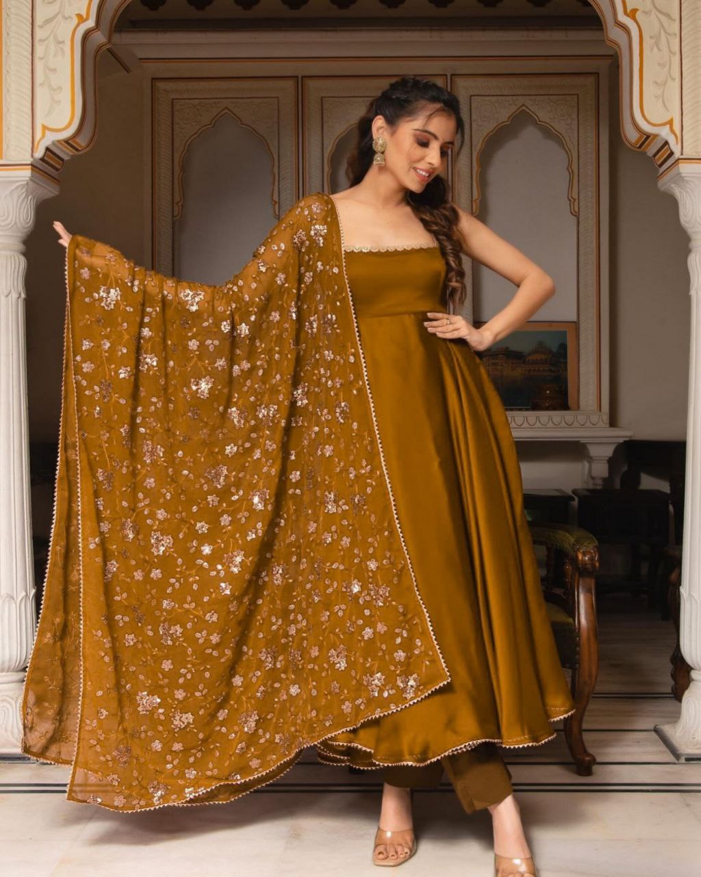 Gorgeous Yellow Pure Georgette Embroidery Work Gown With Dupatta