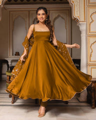 Gorgeous Yellow Pure Georgette Embroidery Work Gown With Dupatta
