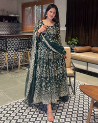 Gorgeou Dark Green Pure Georgette Embroidery Work Gown With Dupatta