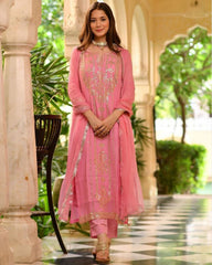 Rerdy To Wear Peach Faux Georgette Embroidery Work Pent Suit With Dupatta