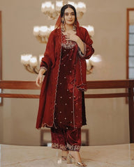 Gorgeou Red Pure Viscose Velvet Sequence Work Plazzo Suit With Dupatta