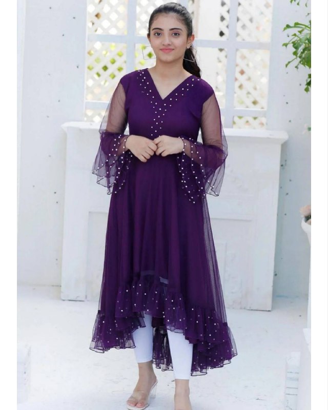 Gorgeou Purple Heavy Butterfly Net Moti Work Anarkali Suit With Dupatta