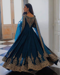 Gorgeous Mor Pinch Faux Georgette Embroidery Work Anarkali Gown With Dupatta