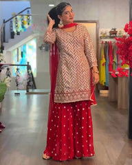 Gorgeou Red Heavy Faux Georgette Embroidery Work Plazzo Suit With Dupatta