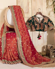 Gorgeous Jimmy Choo Silk Embroidery Work Red Saree With Green Blouse