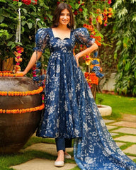 Rerdy To Wear Blue Tabby Organza Digital Print Anarkali Suit With Dupatta