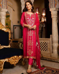 Rerdy To Wear Pink Faux Georgette Embroidery Work Pent Suit With Dupatta
