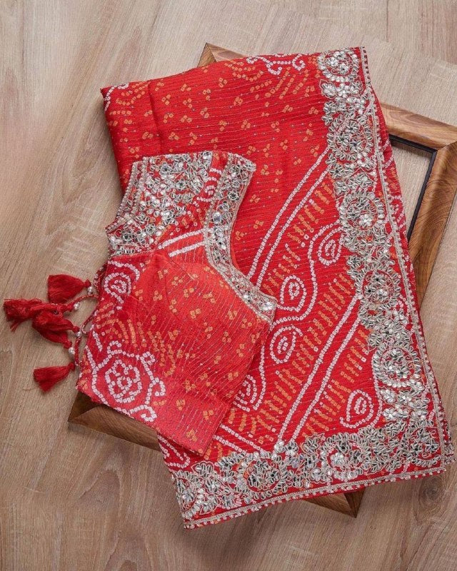 Gorgeou Red Vichitra Silk Digital Print Saree With Blouse