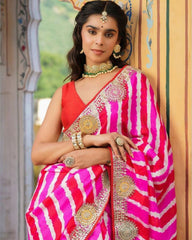 Gorgeou Pink-Red Vichitra Silk Digital Print Saree With Blouse