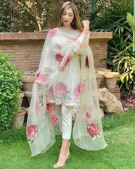Gorgeous Off White Organza Silk Digital Printed Anarkali Suit With Dupatta