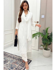 Rerdy To Wear White Maslin Embroidery Work Pent Suit With Dupatta