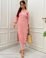 Rerdy To Wear Peach Rayon Cotton Thread Work Chikan Kari Suit With Dupatta