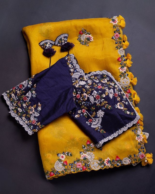 Gorgeou Khadi Organza Silk Embroidery Work Yellow Saree With Purple Blouse