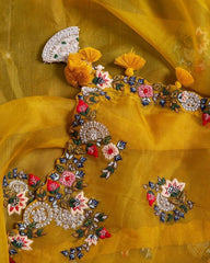 Gorgeou Khadi Organza Silk Embroidery Work Yellow Saree With Purple Blouse