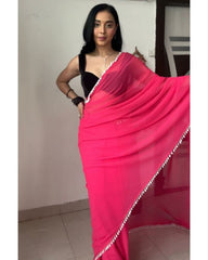 Gorgeou Premium Georgette Pink Saree With Black Velvet Blouse