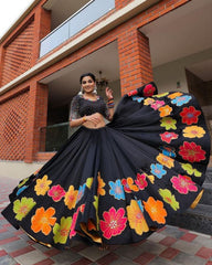 Gorgeous Black Maslin Silk Digital Print White Lehenga Choli With Dupatta