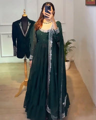 Rerdy To Wear Dark Green Heavy Georgette Embroidery Work Anarkali Gown With Dupatta
