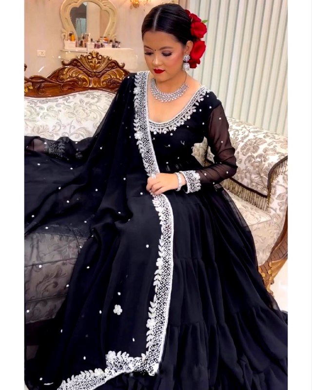 Rerdy To Wear Black Heavy Georgette Embroidery Work Anarkali Gown With Dupatta