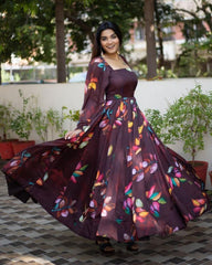Rerdy To Wear Brown Georgette Digital Print Anarkali Gown With Dupatta