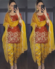 Gorgeou Red-Yellow Faux Georgette Embroidery Work Dhoti Suit With Dupatta