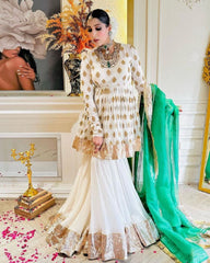 Gorgeou Pure Georgette Sequence Work White Gharara Suit With Green Dupatta