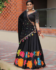 Gorgeous Black Maslin Silk Digital Print White Lehenga Choli With Dupatta